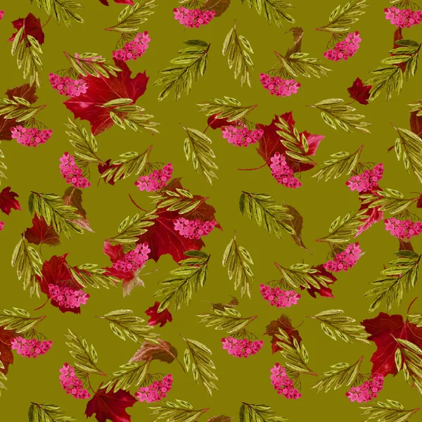 Υδατογραφία Αδιάλειπτη Μοτίβο Κλαδί Rowan Και Φύλλα Που Πέφτουν Όμορφη — Φωτογραφία Αρχείου