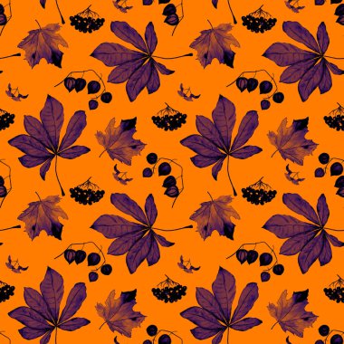 Sonbahar setiyle suluboya kusursuz desen. Akçaağaç. Rowan. Physalis. Kestane rengi. Her türlü tasarım için güzel bir sonbahar baskısı.