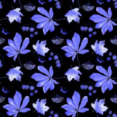 Sonbaharda siyaha boyanmış sulu boya deseni. Akçaağaç. Rowan. Physalis. Kestane rengi. Her türlü tasarım için güzel bir sonbahar baskısı.