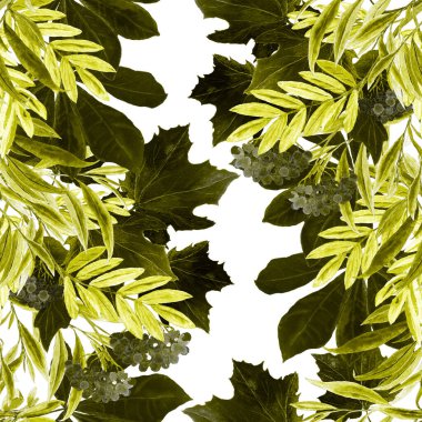 Suluboya sonbahar yaprakları ve rowan dallarıyla kusursuz bir desen. Güzel, doğal sonbahar baskısı. Tek renkli el çizimi illüstrasyon.