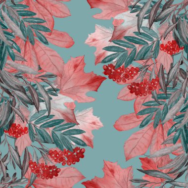 Suluboya sonbahar yaprakları ve rowan dallarıyla kusursuz bir desen. Güzel, doğal sonbahar baskısı. Renkli el çizimi illüstrasyon.