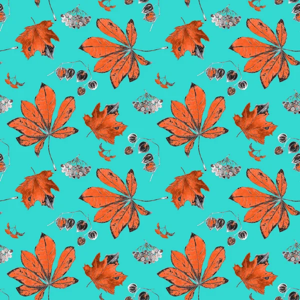 秋のセットと水彩シームレスパターン メープル ローワン 物理学者 栗だよ どんなデザインのための美しい秋のプリント — ストック写真