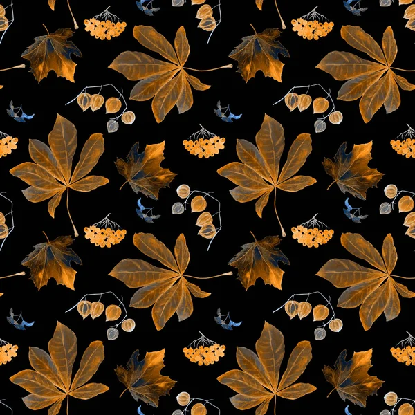 ブラックを基調とした秋のシームレスなパターンを水彩 メープル ローワン 物理学者 栗だよ どんなデザインのための美しい秋のプリント — ストック写真