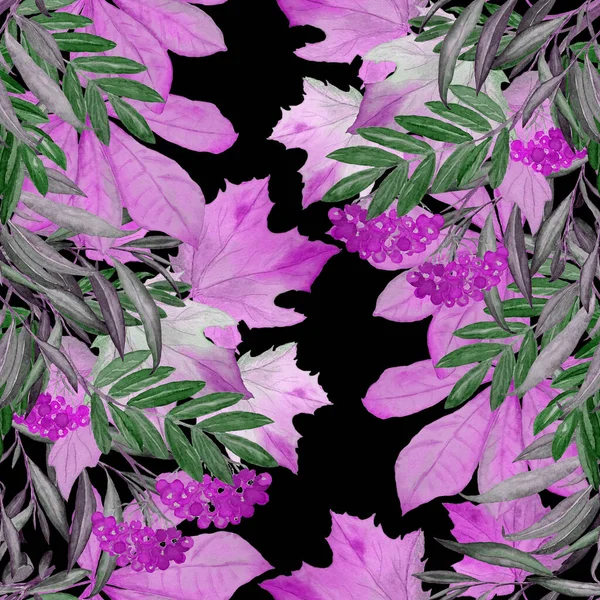 Schöne Nahtlose Muster Mit Aquarell Herbstblätter Und Vogelbeerzweige Auf Schwarz — Stockfoto