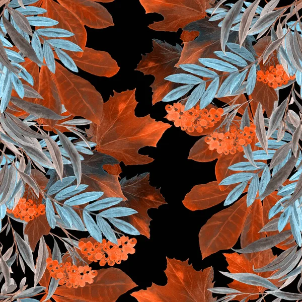Schöne Nahtlose Muster Mit Aquarell Herbstblätter Und Vogelbeerzweige Auf Schwarz — Stockfoto