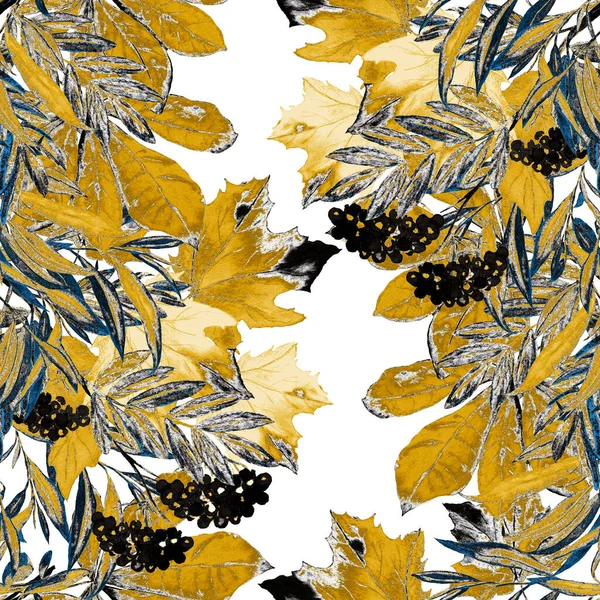 Beautiful Seamless Golden Pattern Watercolor Autumn Leaves Rowan Branches Beautiful — Stock Photo, Image