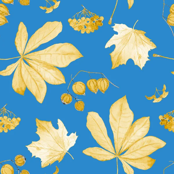 Akwarela Bezszwowy Złoty Wzór Jesiennym Zestawem Klon Jestem Rowan Physalis — Zdjęcie stockowe
