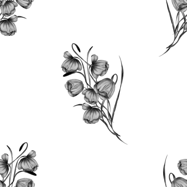 Floral Seamless Pattern Watercolor Flowers Beautiful Summer Print Monochrome Nature — Stock Photo, Image