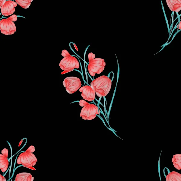 Floral Seamless Pattern Watercolor Flowers Black Beautiful Summer Print Colorful — Stock Photo, Image