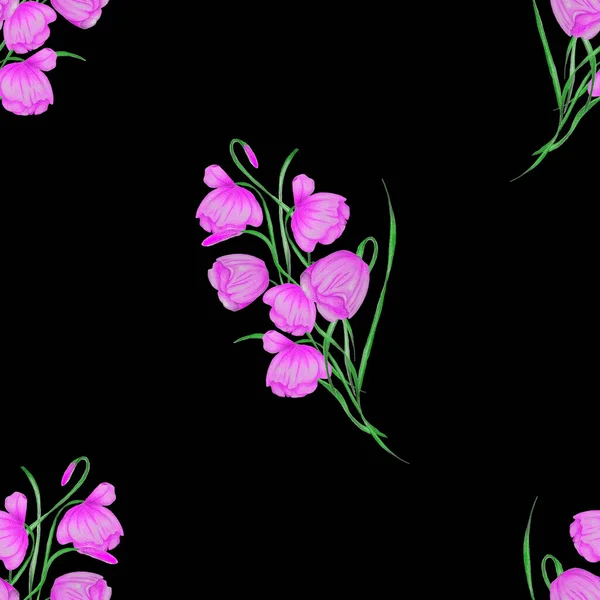 黒い上に水彩の花と花のシームレスなパターン 美しい夏の印刷物 カラフルな自然背景 どんなデザインにしても — ストック写真