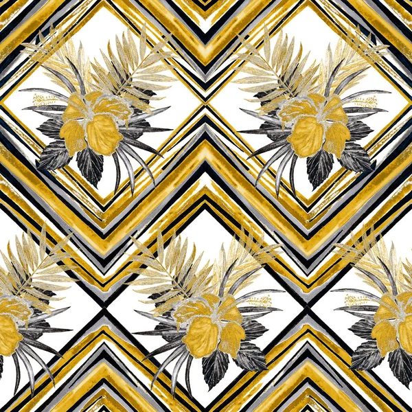 Aquarell Nahtloses Goldenes Muster Mit Tropischen Hibiskusblüten Auf Zickzackigem Hintergrund — Stockfoto