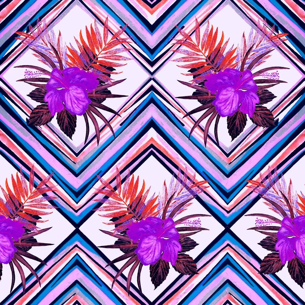 Akwarela Bezszwowy Wzór Tropikalnych Kwiatów Hibiskusa Zygzakowatym Tle Egzotyczny Letni — Zdjęcie stockowe