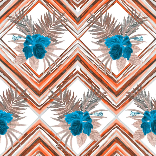 Aquarell Nahtloses Muster Mit Tropischen Hibiskusblüten Auf Zickzackigem Hintergrund Exotischer — Stockfoto
