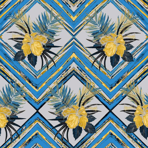 Aquarell Nahtloses Goldenes Muster Mit Tropischen Hibiskusblüten Auf Zickzackigem Hintergrund — Stockfoto
