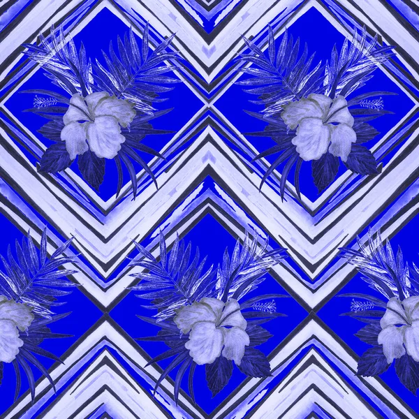 Aquarel Naadloos Patroon Met Tropische Hibiscus Bloemen Zigzag Achtergrond Exotische — Stockfoto