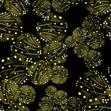 Siyah üzerine soyut yuvarlak elementlerle, yaratıcı suluboya desenler. Çağdaş sanat. Herhangi bir tasarım için renkli doku. 