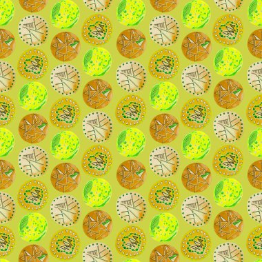 Soyut yuvarlak elementlerle, kusursuz, yaratıcı suluboya desen. Çağdaş sanat. Herhangi bir tasarım için renkli doku. 