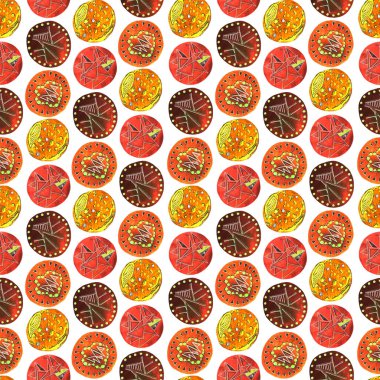 Soyut yuvarlak elementlerle, kusursuz, yaratıcı suluboya desen. Çağdaş sanat. Herhangi bir tasarım için renkli doku. 