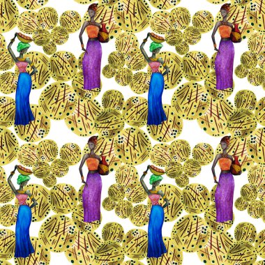 Soyut arka planda Afrikalı kadınlar olan yaratıcı, kusursuz bir model. Her türlü tasarım için renkli bir doku. Çağdaş sanat.