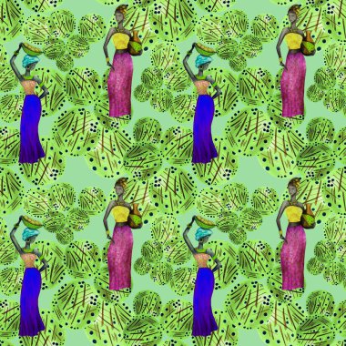 Soyut arka planda Afrikalı kadınlar olan yaratıcı, kusursuz bir model. Her türlü tasarım için renkli bir doku. Çağdaş sanat.