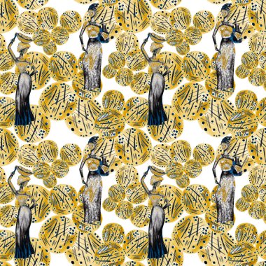 Soyut arka planda Afrikalı kadınlar olan yaratıcı, kusursuz bir model. Her türlü tasarım için altın dokular. Çağdaş sanat.