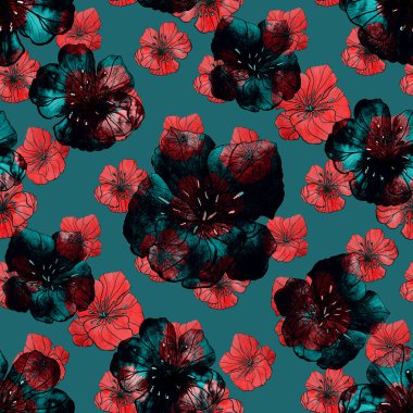 Suluboya şeklindeki çiçeklerle kusursuz bir desen. Çiçekli yaz baskısı. Çağdaş sanat.