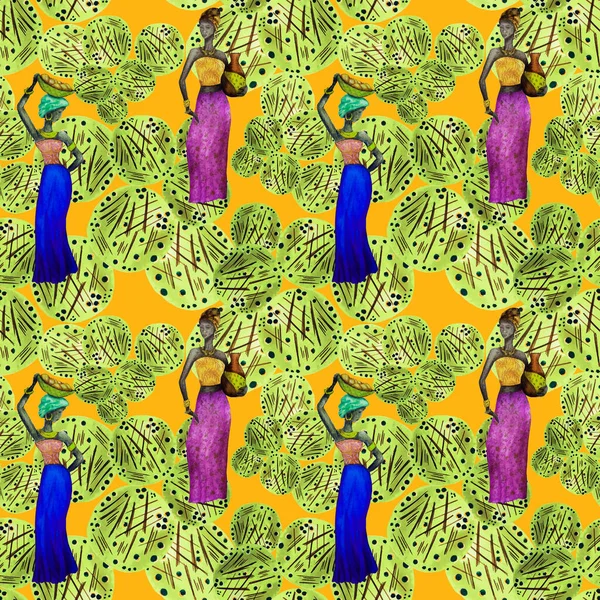 Creatief Naadloos Patroon Met Afrikaanse Vrouwen Abstracte Achtergrond Kleurrijke Textuur — Stockfoto