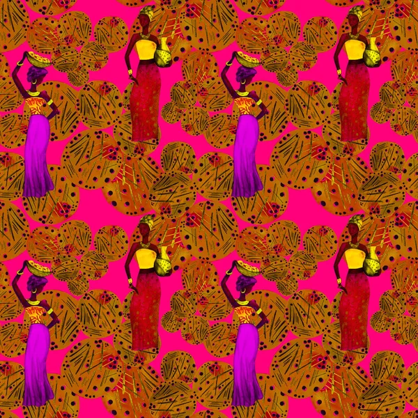 Patrón Creativo Sin Costuras Con Mujeres Africanas Sobre Fondo Abstracto — Foto de Stock