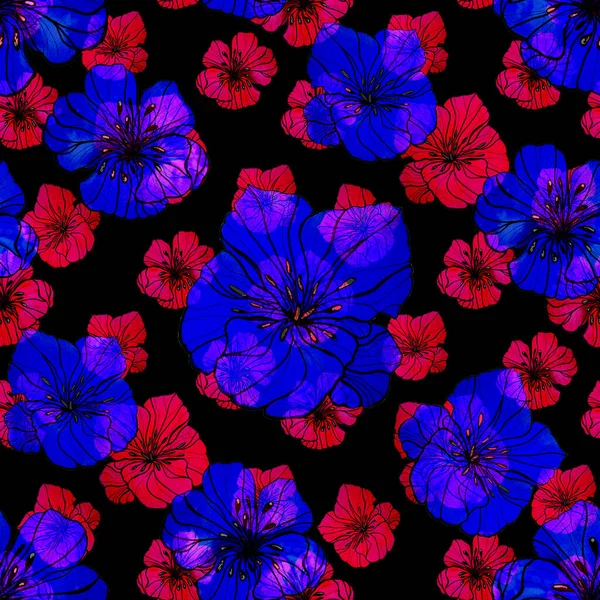 Beautiful seamless pattern with watercolor stylized flowers on black. Floral summer  print.
