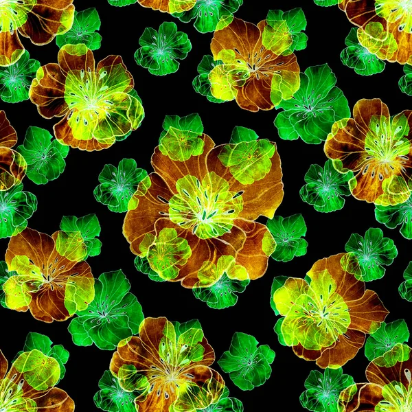 Beautiful seamless pattern with watercolor stylized flowers on black. Floral summer  print.
