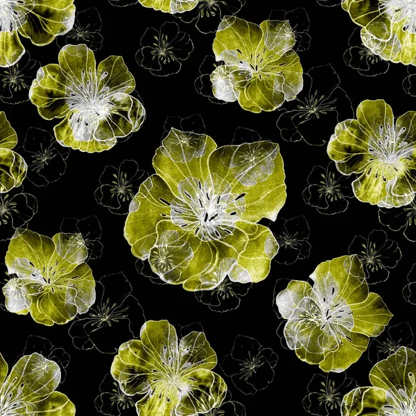 Beautiful seamless pattern with watercolor stylized flowers on black. Floral summer  print.