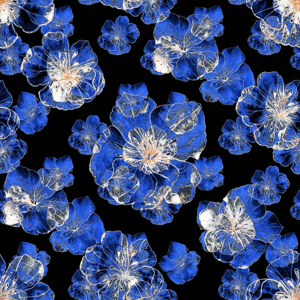 Beautiful seamless pattern with watercolor stylized flowers on black. Floral summer  print.