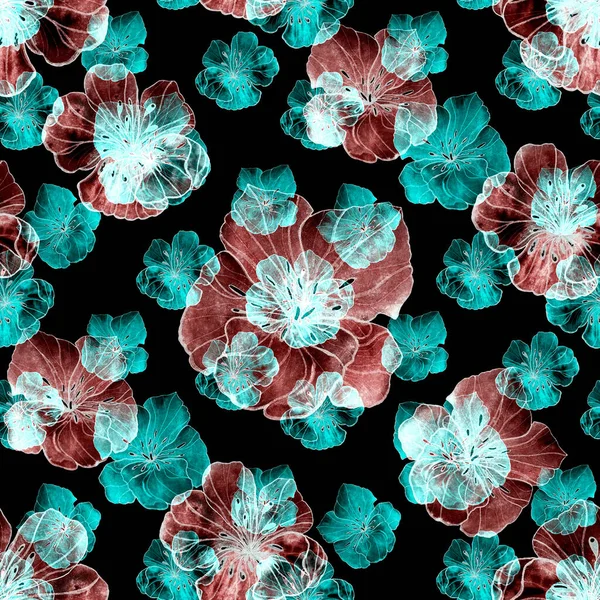 Beautiful seamless pattern with watercolor stylized flowers on black. Floral summer  print.