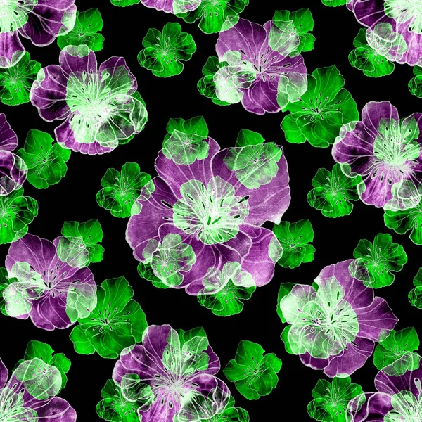 Beautiful seamless pattern with watercolor stylized flowers on black. Floral summer  print.