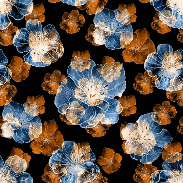 Beautiful seamless pattern with watercolor stylized flowers on black. Floral summer  print.