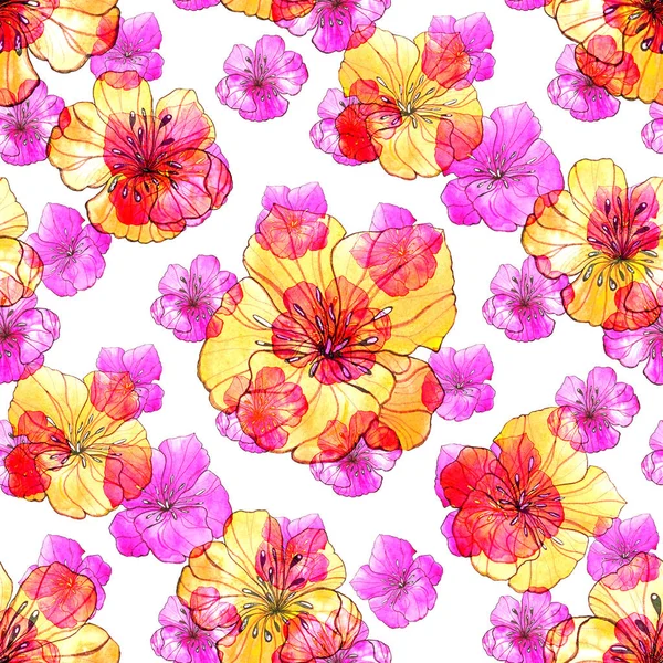 Gyönyörű Zökkenőmentes Minta Akvarell Stilizált Virágokkal Virágos Nyári Nyomtatás Kortárs — Stock Fotó