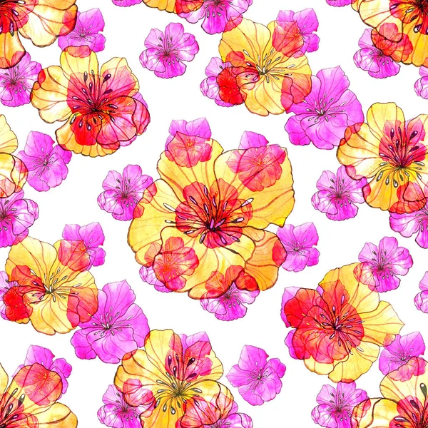 Beautiful seamless pattern with watercolor stylized flowers. Floral summer  print. Contemporary art.