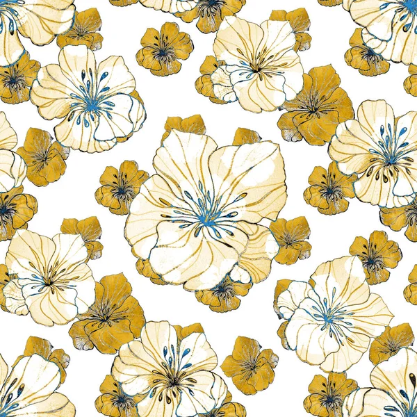 Beautiful seamless pattern with watercolor stylized flowers. Floral summer  print. Golden texture. Contemporary art.