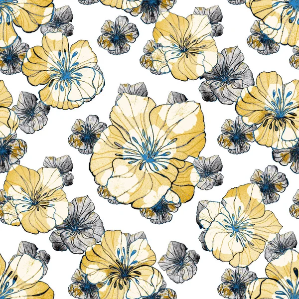 Beautiful seamless pattern with watercolor stylized flowers. Floral summer  print. Golden texture. Contemporary art.