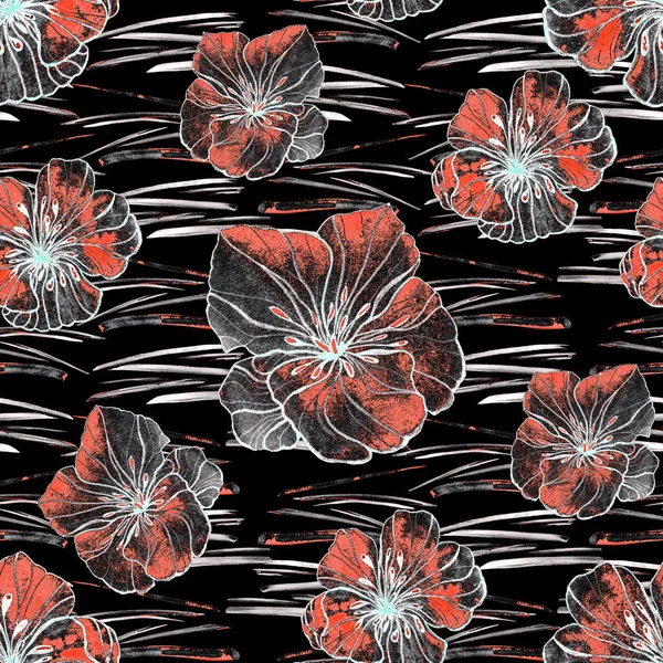 Hermoso Patrón Sin Costuras Con Flores Estilizadas Acuarela Negro Estampado —  Fotos de Stock
