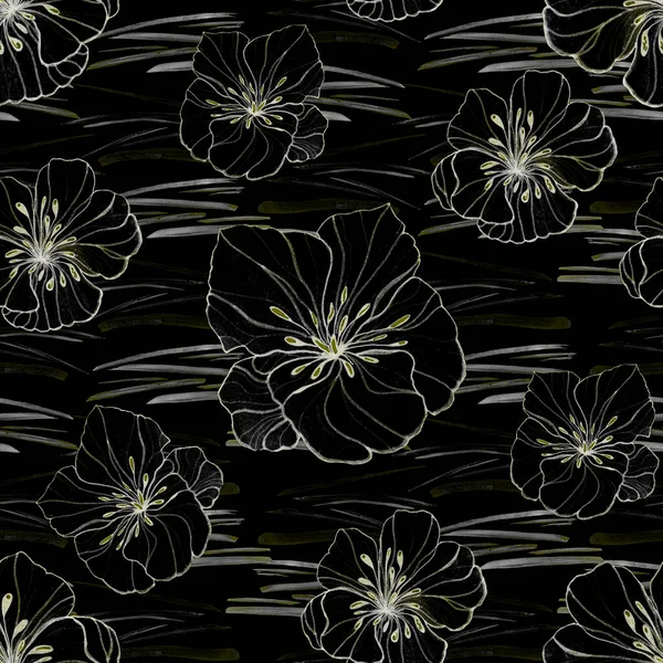 Beautiful Seamless Pattern Watercolor Stylized Flowers Monochrome Floral Summer Print — Stock Photo, Image