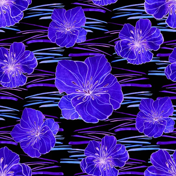 Beautiful seamless pattern with watercolor stylized flowers on black. Floral summer  print.