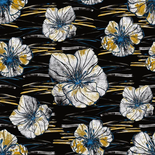 Beautiful seamless pattern with watercolor stylized flowers. Floral summer  print. Golden texture.