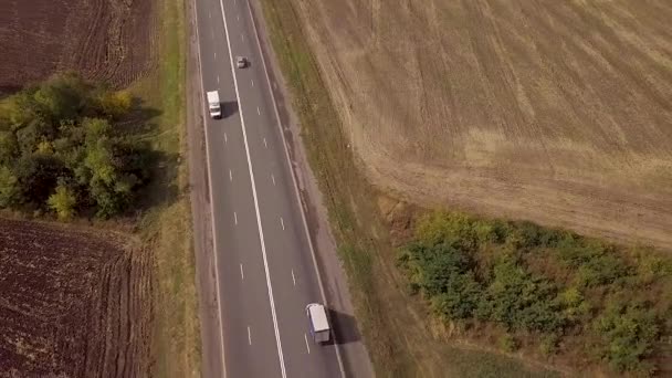 Ciężarówka z widokiem z lotu ptaka. Ciężarówka dostawcza się przemieszcza. Zdjęcie lotnicze ciężarówki na drodze w pięknej okolicy. Widok z lotu ptaka Półciężarówka na drodze w polu Dnia Wiosny. — Wideo stockowe