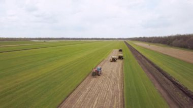 Rostov Bölgesi. - Rusya. 04 2020 Tarım Çimleri Yapımı. Traktörler sahada. Hava aracı panorama fotoğrafı..