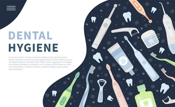 Bandiera di atterraggio per strumenti di igiene dentale per pulizia orale — Vettoriale Stock