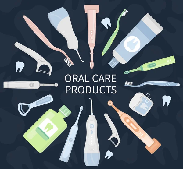 Prodotti per l'igiene dentale pulita, strumenti per la cura orale — Vettoriale Stock