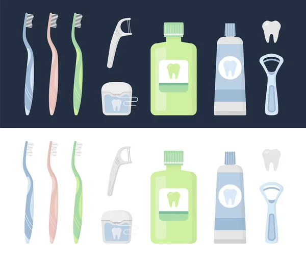 Zahnwerkzeug, Zahn, Bürste, Zahnseide, Mundwasser, Paste — Stockvektor