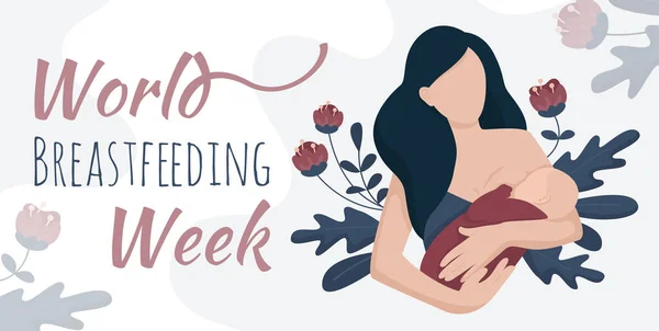 Breastfeeding week, woman with baby nursing banner — Stock Vector