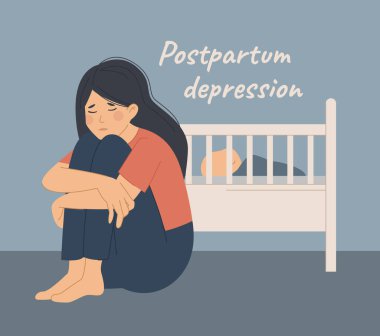 Doğum sonrası depresyon, üzgün kadın bir bebeğin yanında oturuyor.